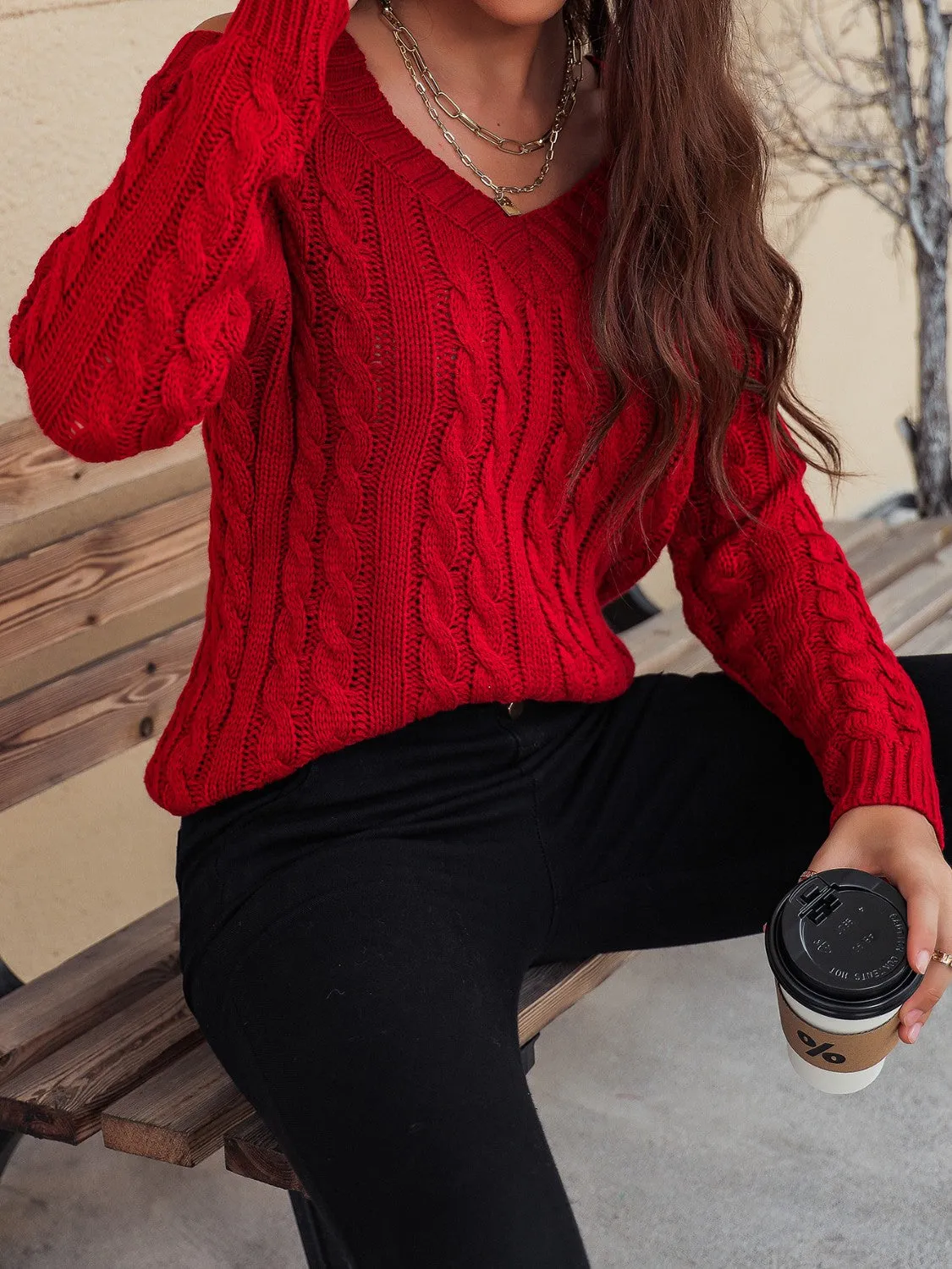 Cable-Knit Cold Shoulder Sweater