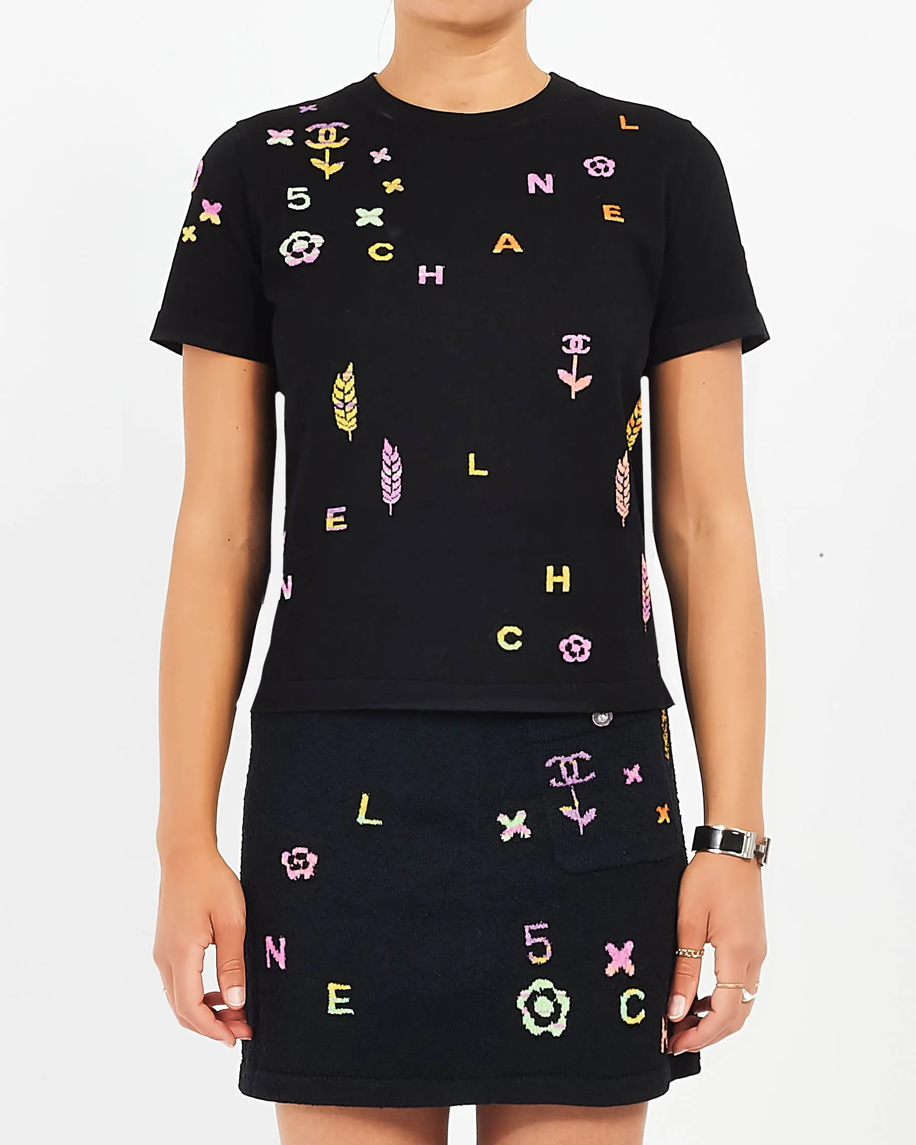 Chanel Black Multi Color Logo Knit T-Shirt - 38