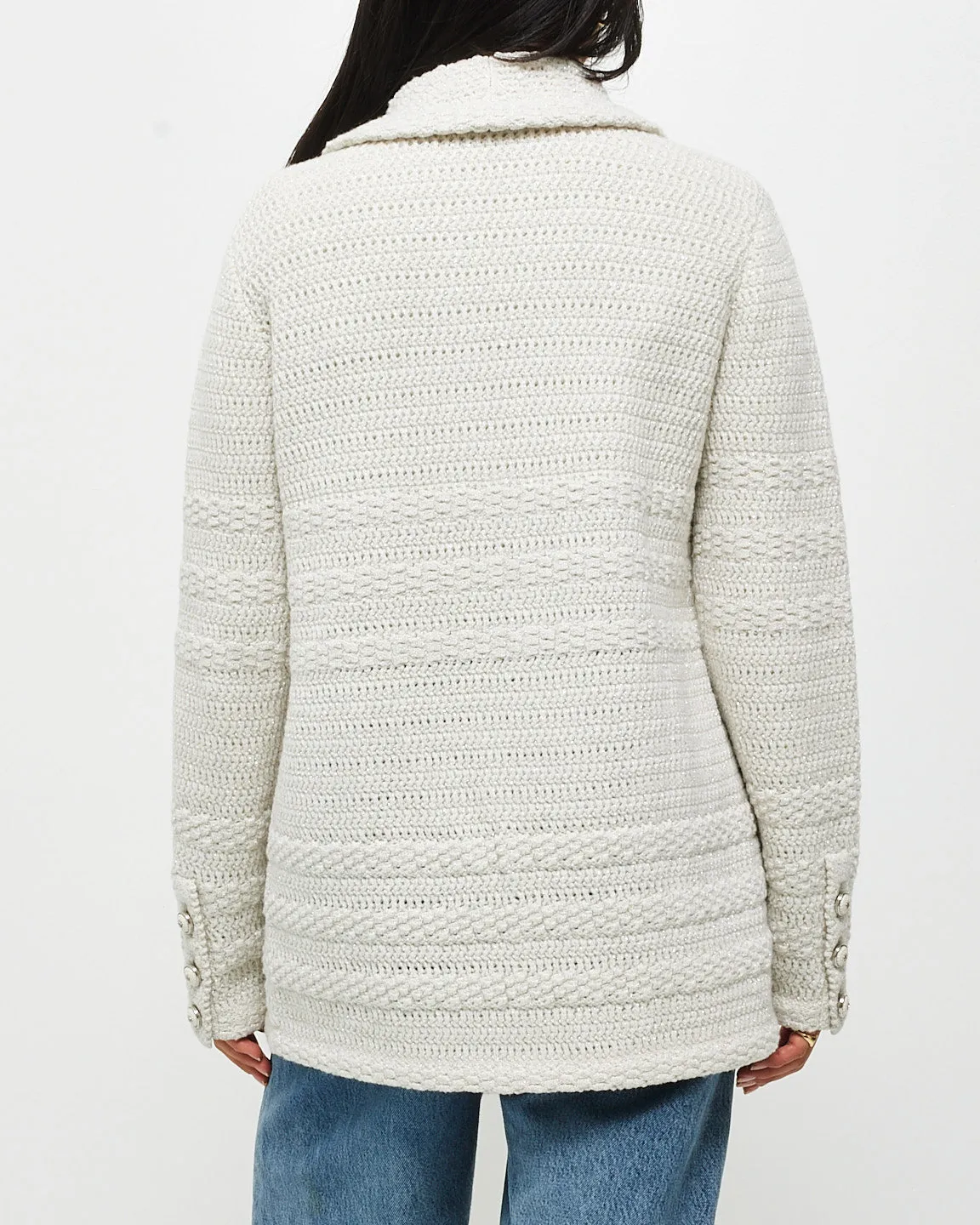 Chanel Ecru & Silver 21B Knit Blazer Jacket - 36