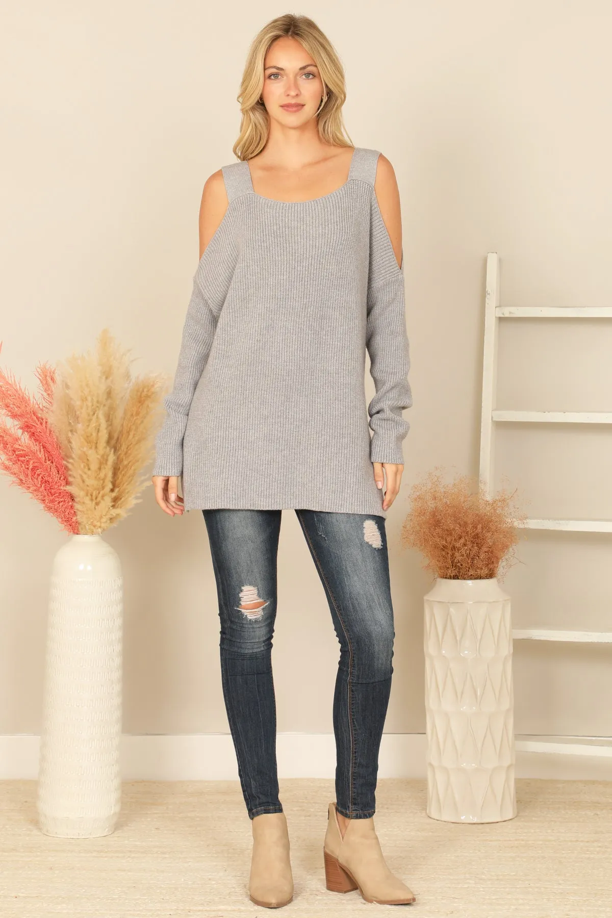 COLD SHOULDER KNITTED SWEATER