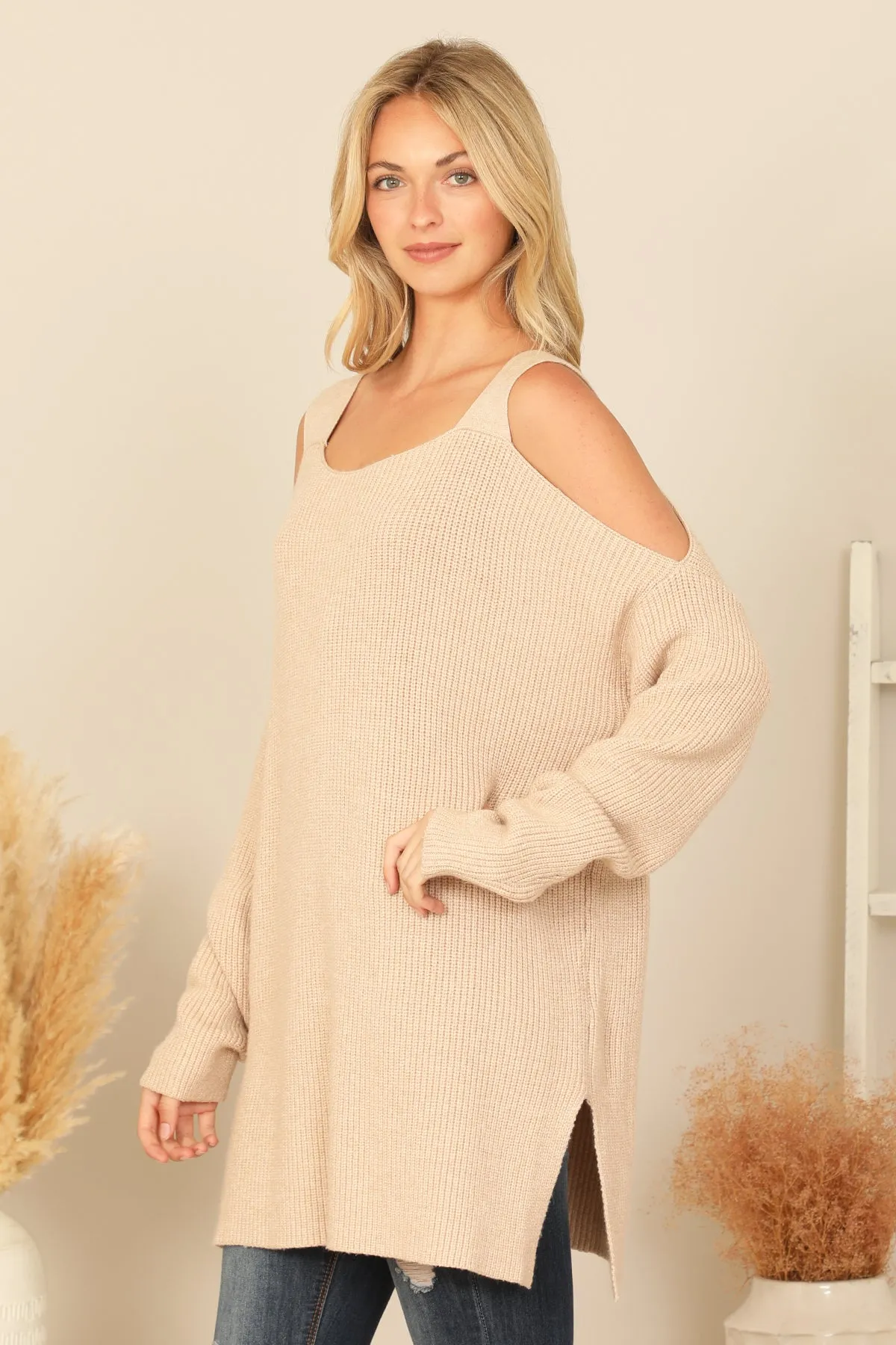 COLD SHOULDER KNITTED SWEATER