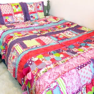 Colorful Floral Patchwork Rag Quilt for Girls – Bright Pink, Green, and Orange Bedding