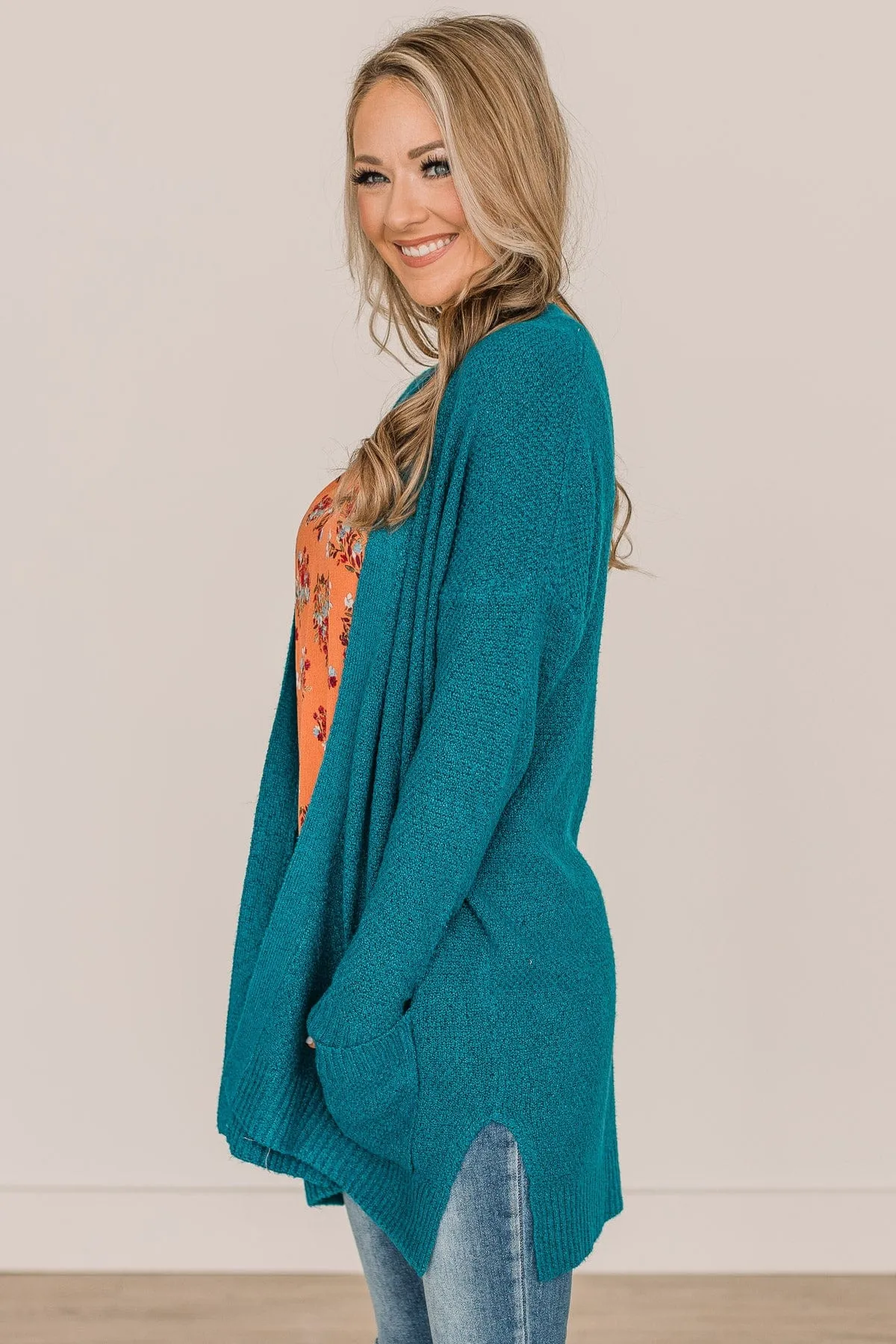 Cozy As Can Be Long Knitted Cardigan- Teal