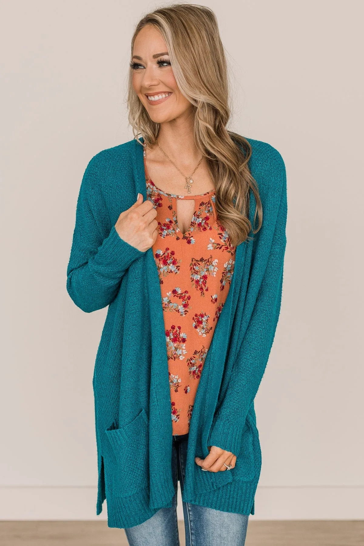 Cozy As Can Be Long Knitted Cardigan- Teal
