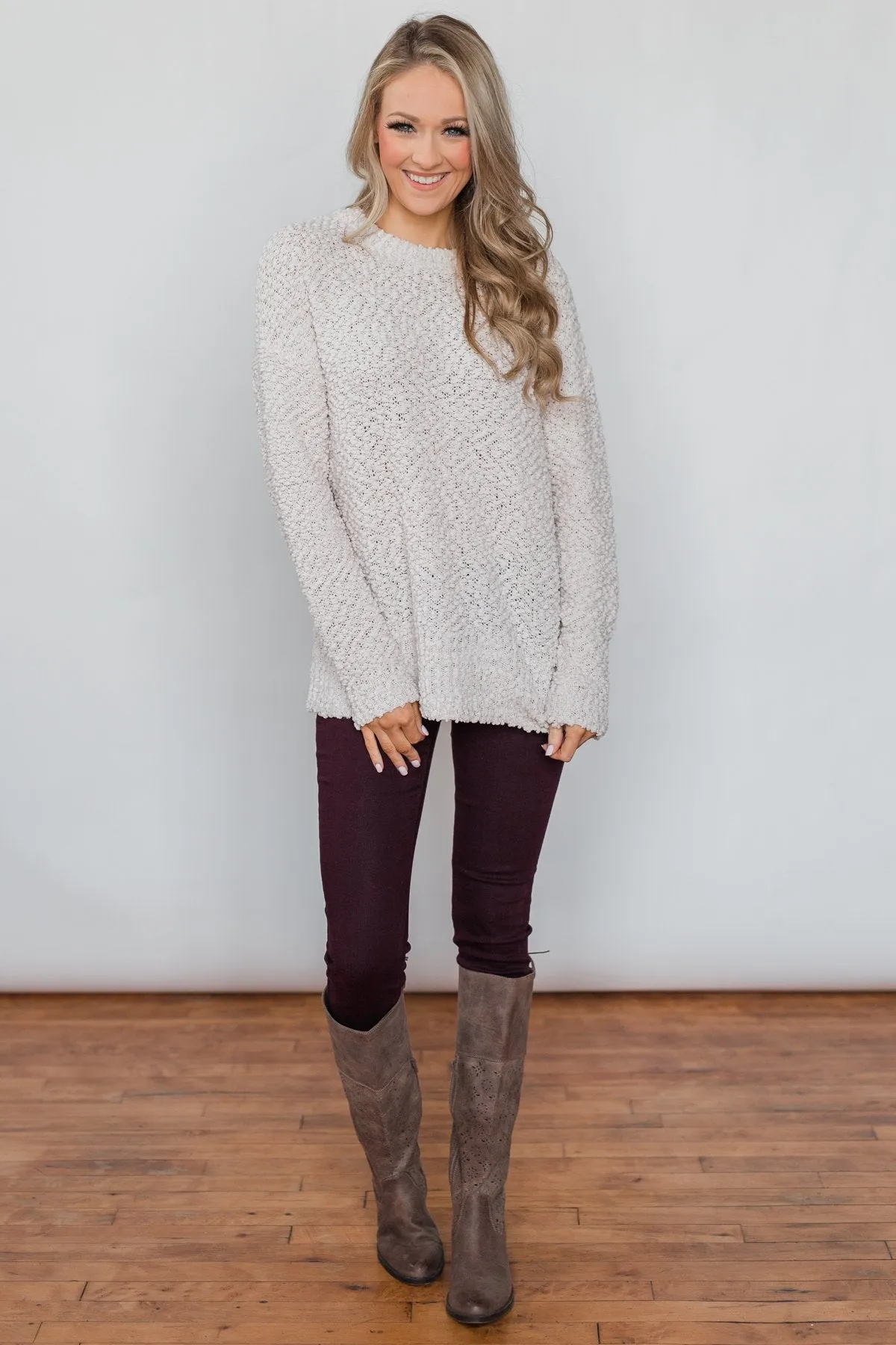 Cozy Winter Popcorn Sweater- Cream