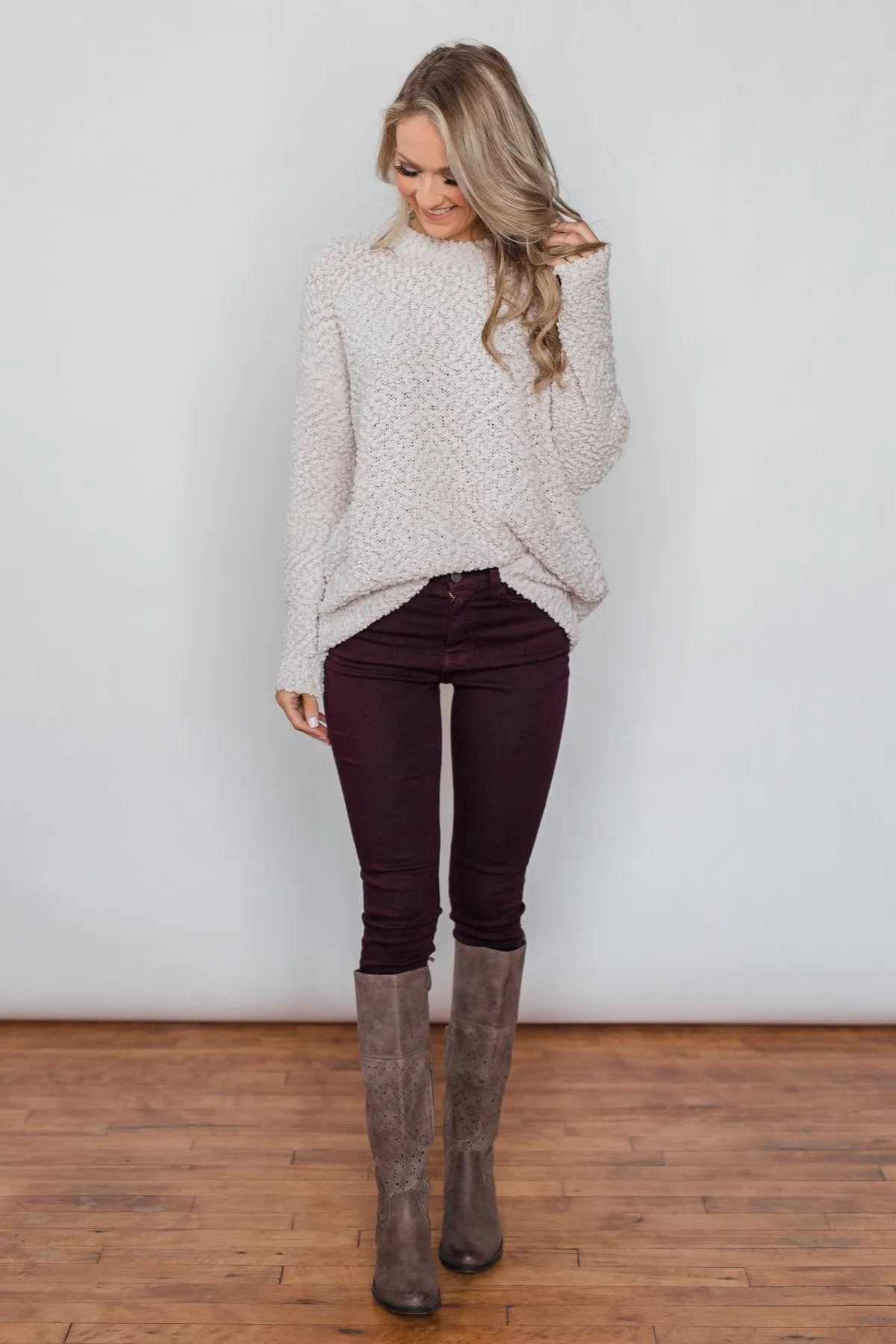 Cozy Winter Popcorn Sweater- Cream