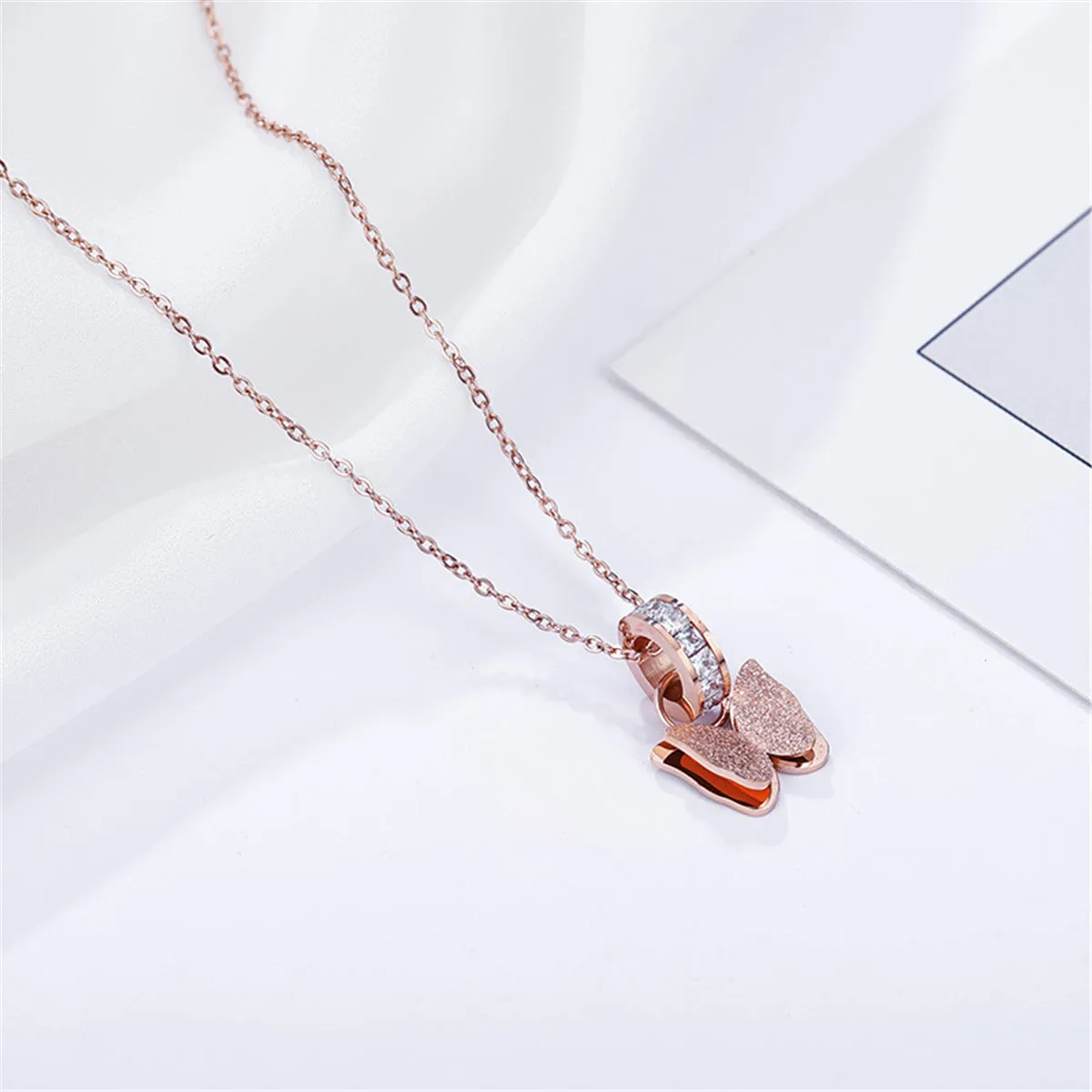 Crystal 18K Rose Gold-Plated Ring & Frosted Butterfly Pendant Necklace