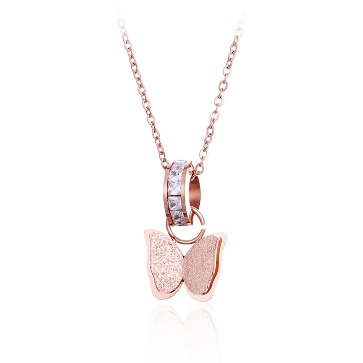 Crystal 18K Rose Gold-Plated Ring & Frosted Butterfly Pendant Necklace