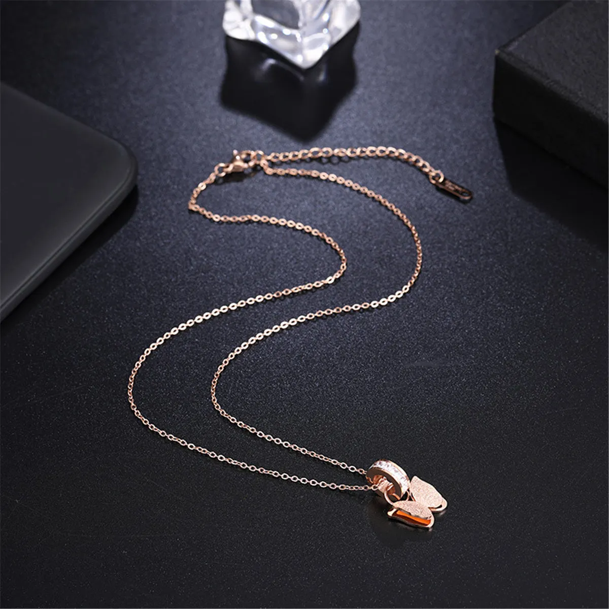 Crystal 18K Rose Gold-Plated Ring & Frosted Butterfly Pendant Necklace