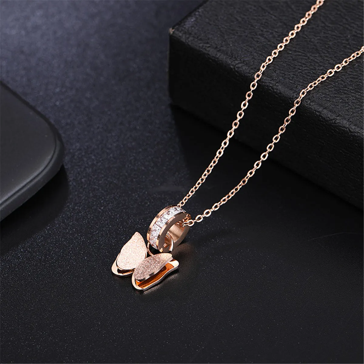 Crystal 18K Rose Gold-Plated Ring & Frosted Butterfly Pendant Necklace