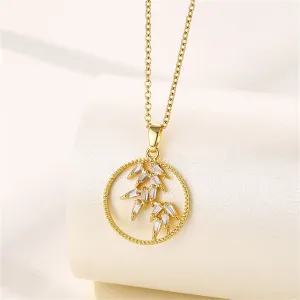 Crystal & 18K Gold-Plated Leaves Circle Pendant Necklace