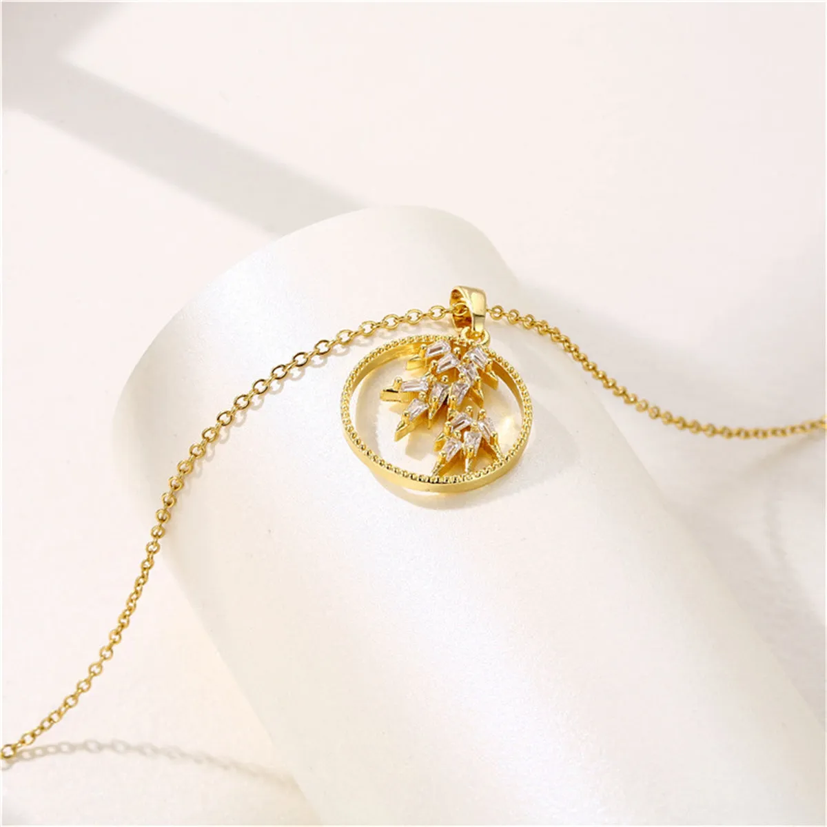 Crystal & 18K Gold-Plated Leaves Circle Pendant Necklace