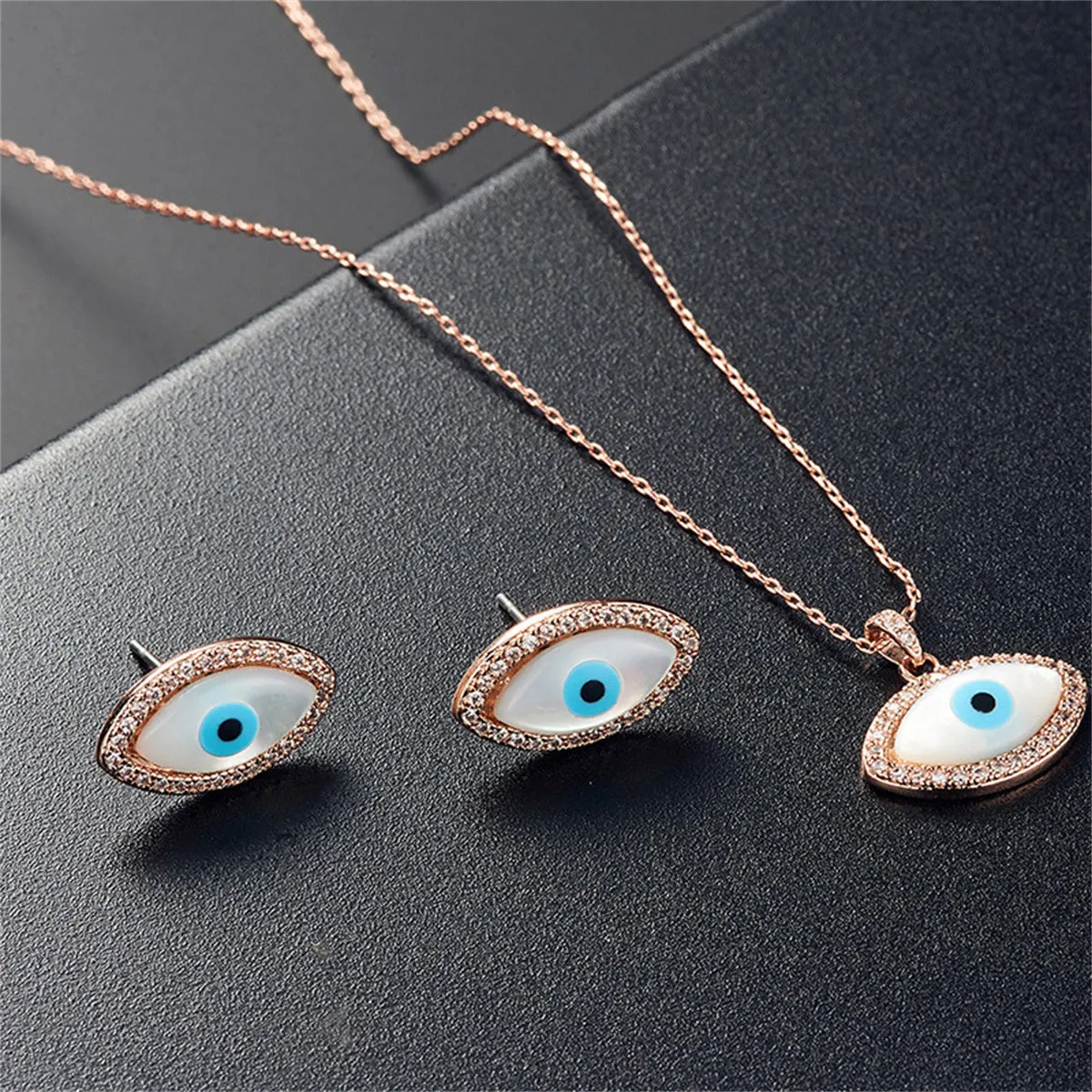 Cubic Zirconia & 18K Rose Gold-Plated Evil Eye Stud Earrings & Pendant Necklace