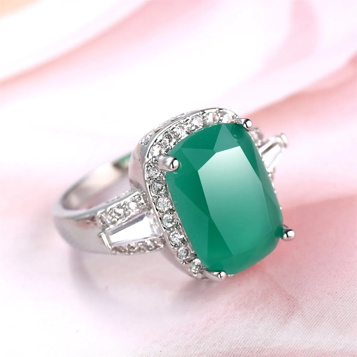 Cubic Zirconia & Green Crystal Halo Oval-Cut Ring