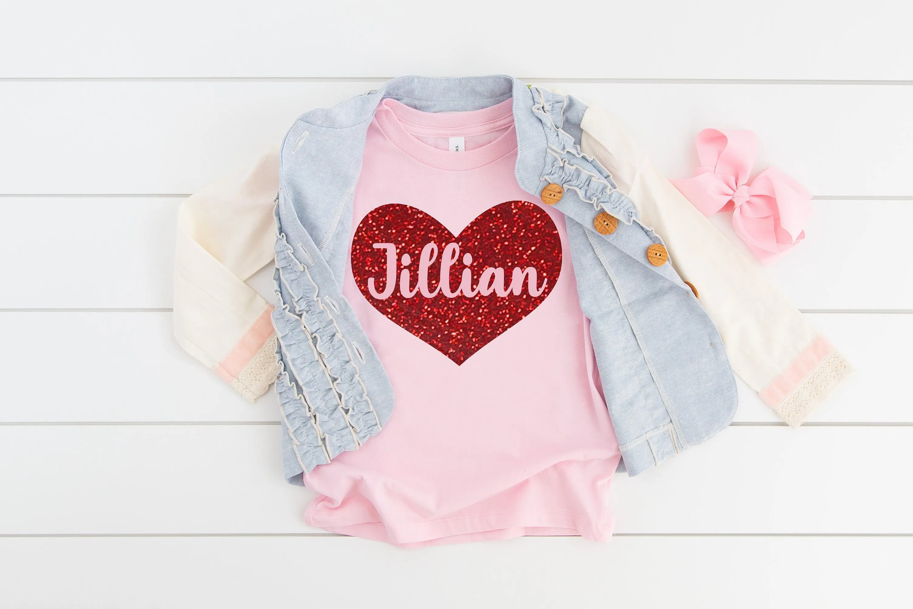 Custom Red Glitter Heart Valentines Day Kid Shirt