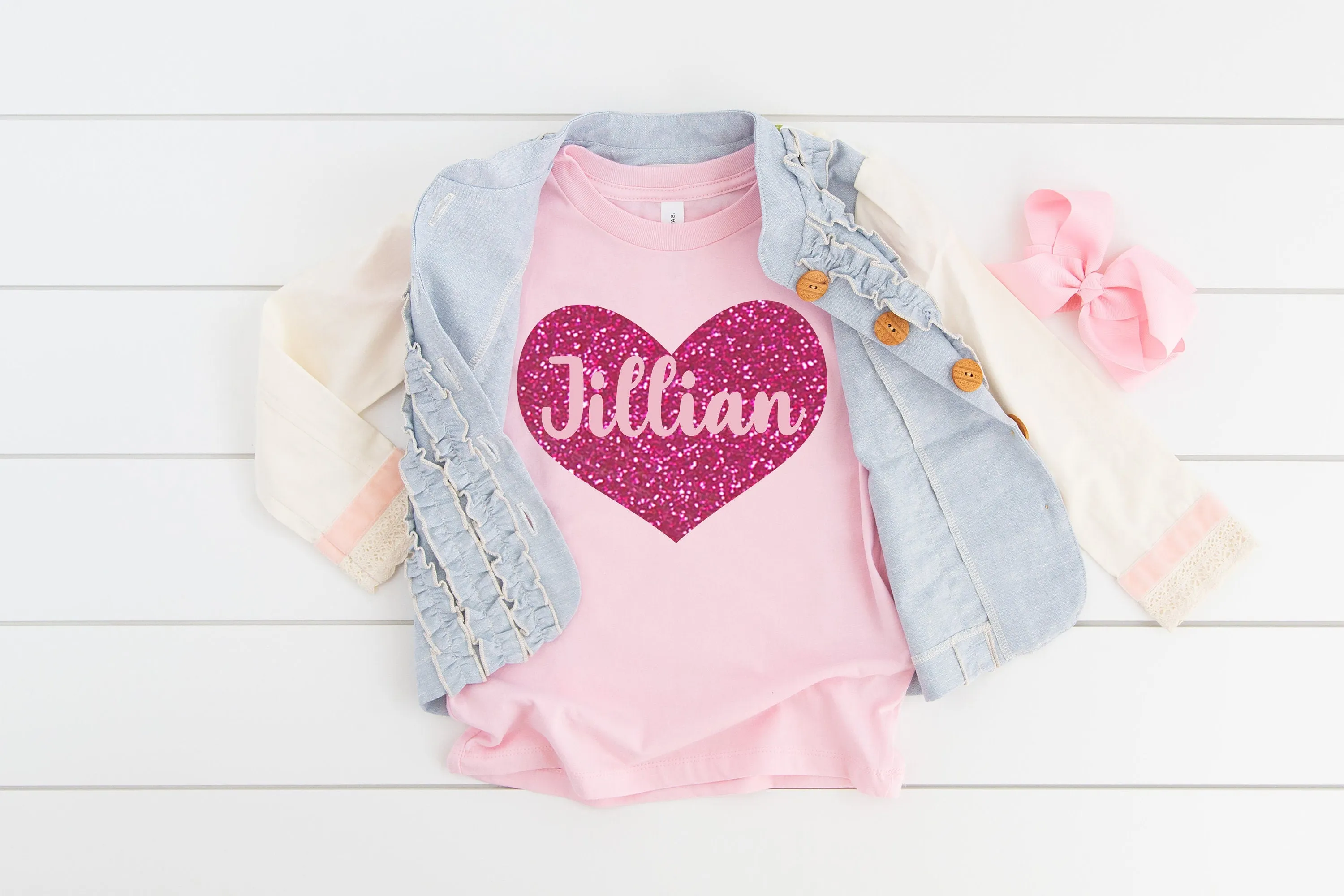 Custom Red Glitter Heart Valentines Day Kid Shirt