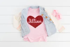 Custom Red Glitter Heart Valentines Day Kid Shirt