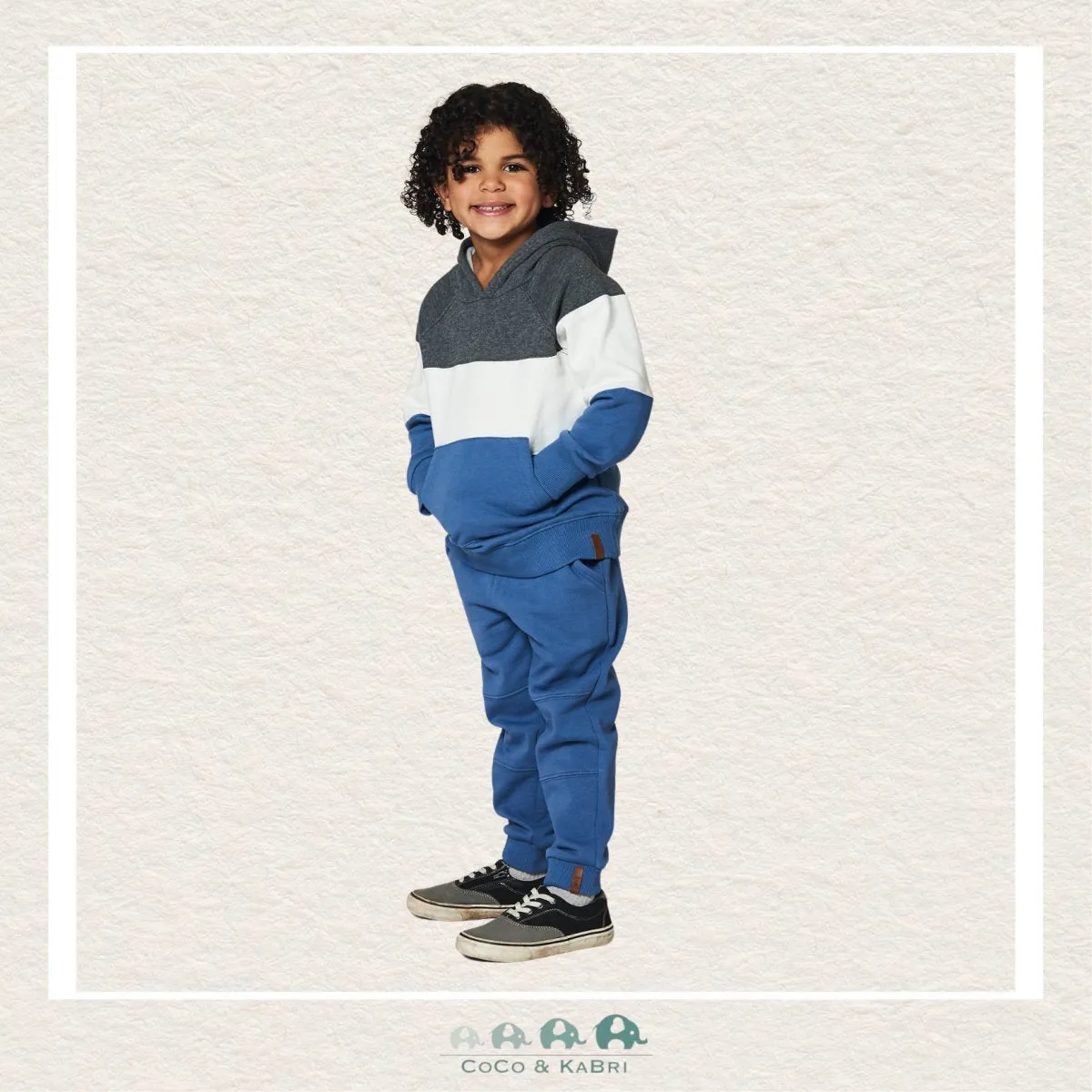 Deux Par Deux: Color Block Hooded Fleece Sweatshirt - Blue