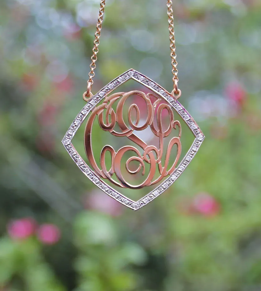 Diamond Frame Gold CZ Rimmed Monogram Necklace