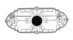Edwardian Filigree Onyx Brooch in 14 Karat White Gold
