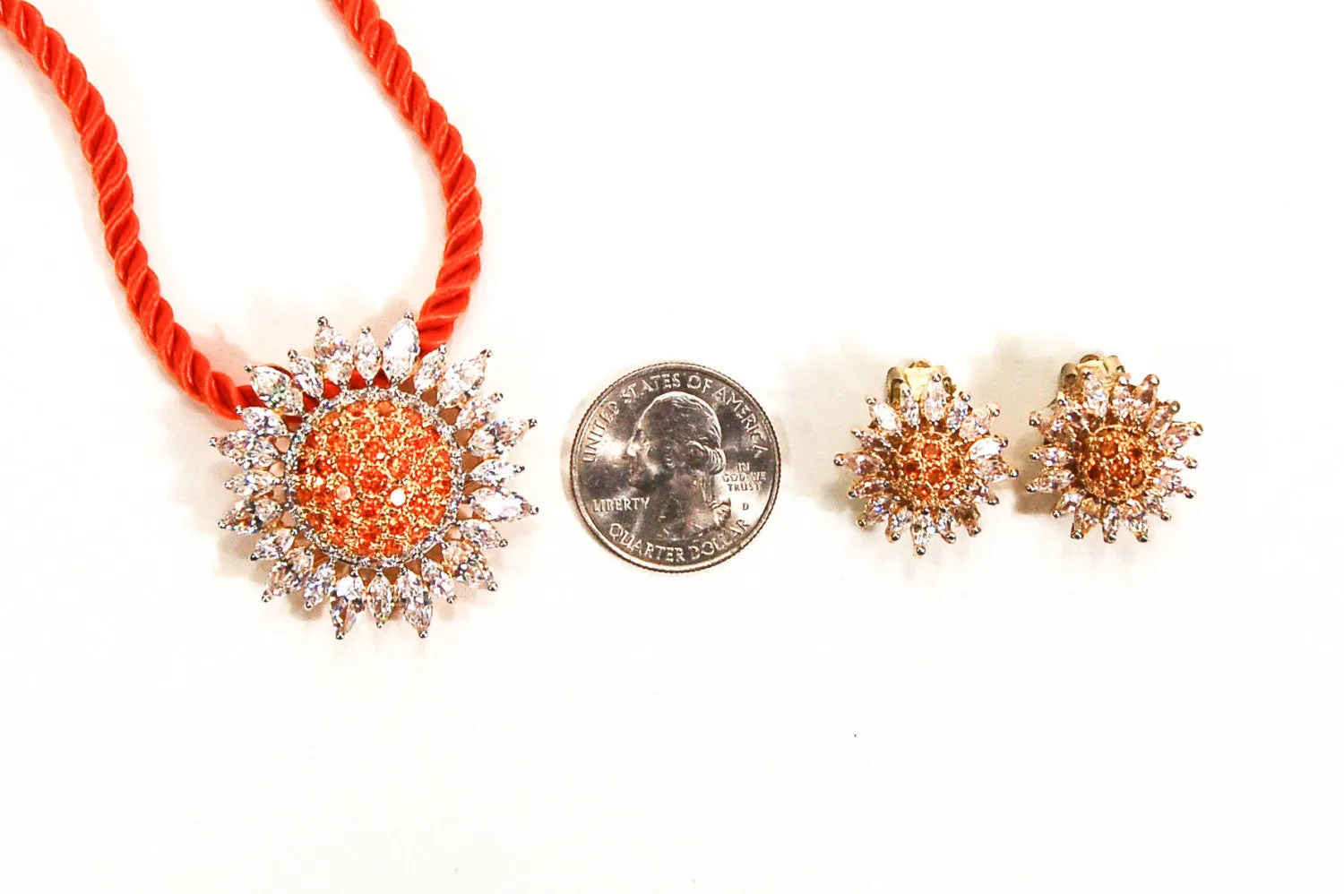 Fiery Orange and CZ Sunburst Brooch Pendant and Earring Set by Real Collectibles by Adrienne