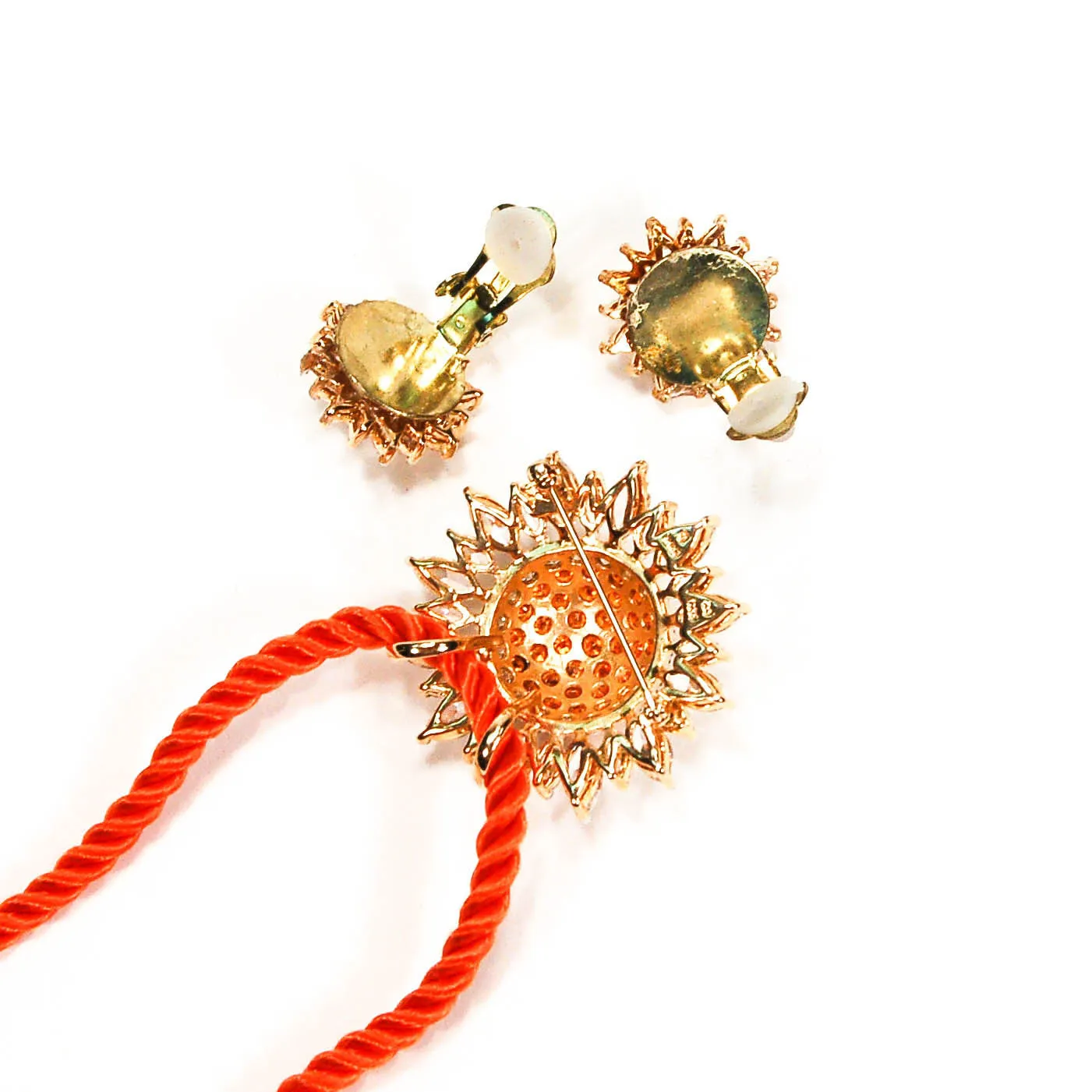 Fiery Orange and CZ Sunburst Brooch Pendant and Earring Set by Real Collectibles by Adrienne