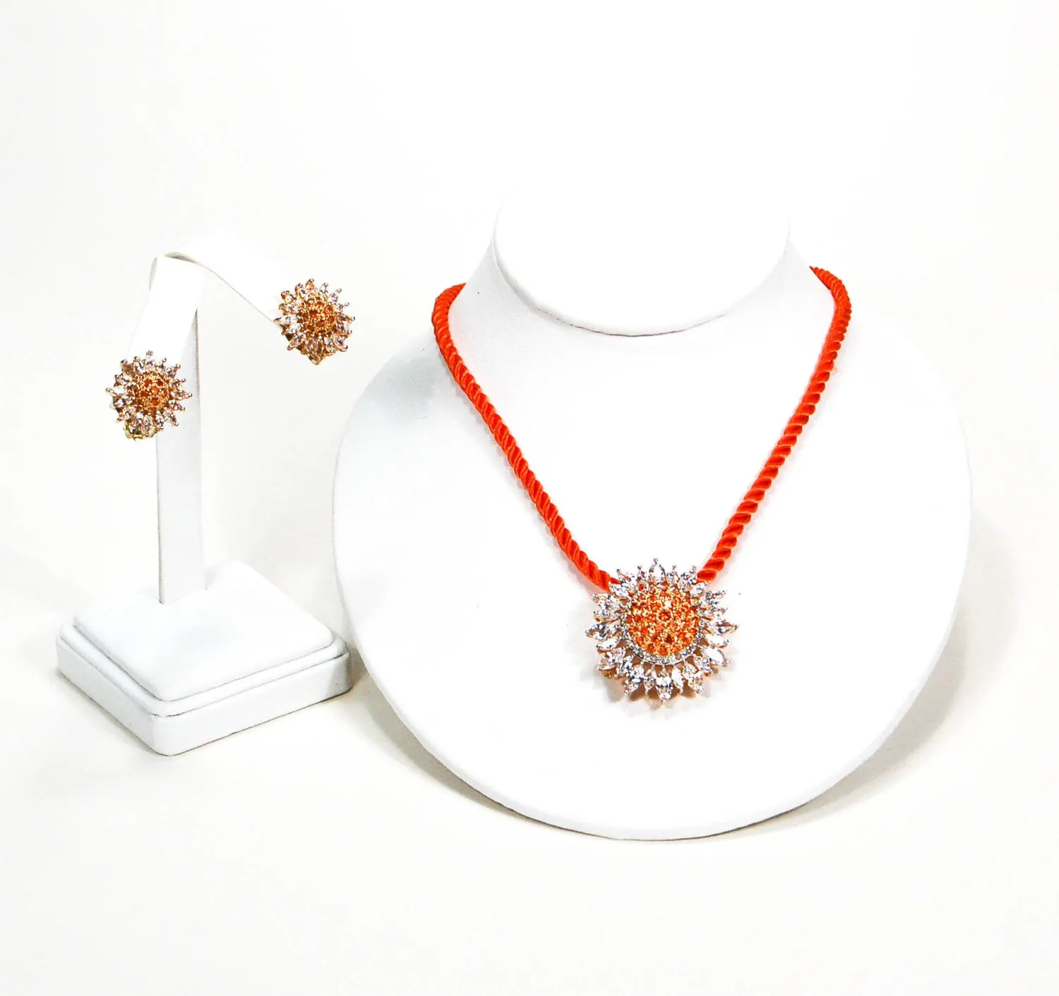 Fiery Orange and CZ Sunburst Brooch Pendant and Earring Set by Real Collectibles by Adrienne