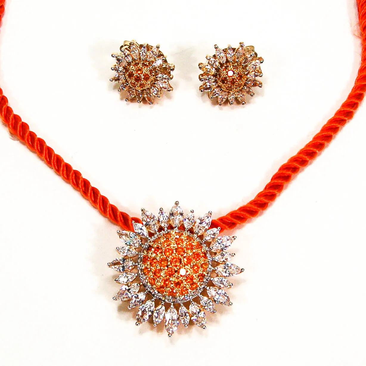 Fiery Orange and CZ Sunburst Brooch Pendant and Earring Set by Real Collectibles by Adrienne