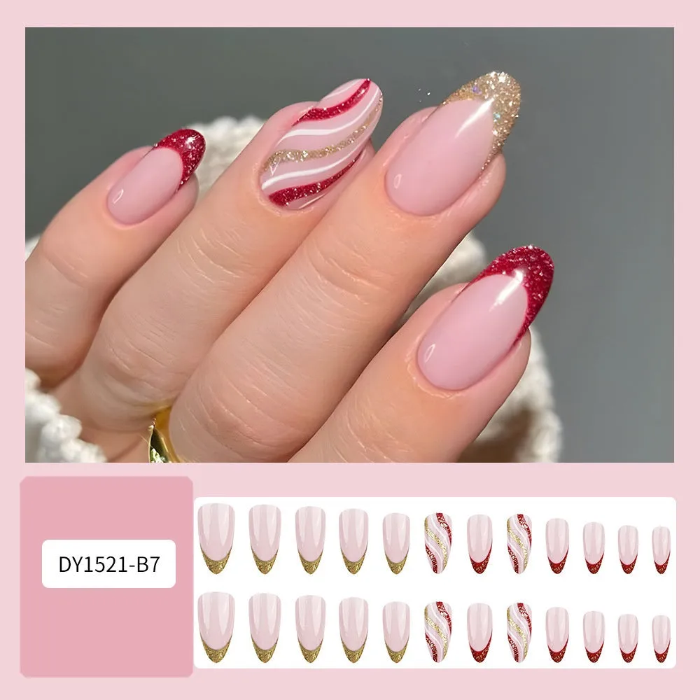 Fofosbeauty 24pcs Press on Nails, Fake Nails, Full Cover Acrylic Nails for Girls Women Kids, Almond Christmas Glitter Stripes Gold Red
