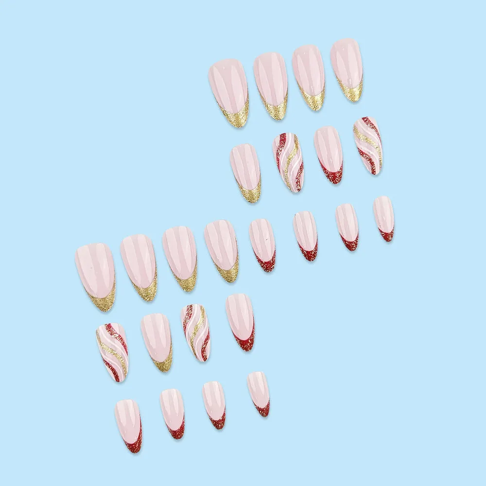 Fofosbeauty 24pcs Press on Nails, Fake Nails, Full Cover Acrylic Nails for Girls Women Kids, Almond Christmas Glitter Stripes Gold Red
