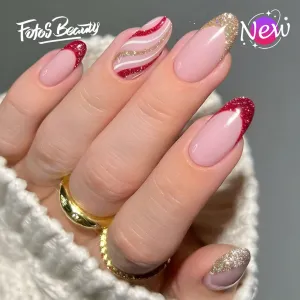 Fofosbeauty 24pcs Press on Nails, Fake Nails, Full Cover Acrylic Nails for Girls Women Kids, Almond Christmas Glitter Stripes Gold Red
