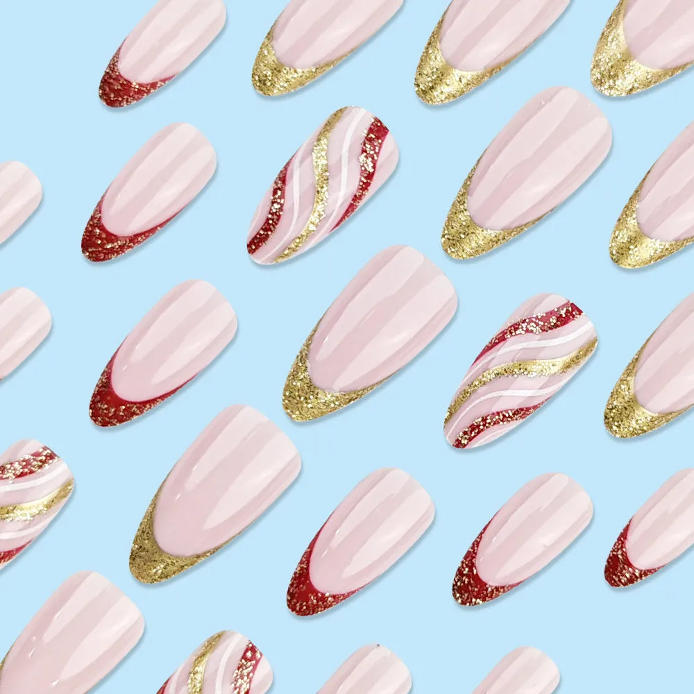 Fofosbeauty 24pcs Press on Nails, Fake Nails, Full Cover Acrylic Nails for Girls Women Kids, Almond Christmas Glitter Stripes Gold Red