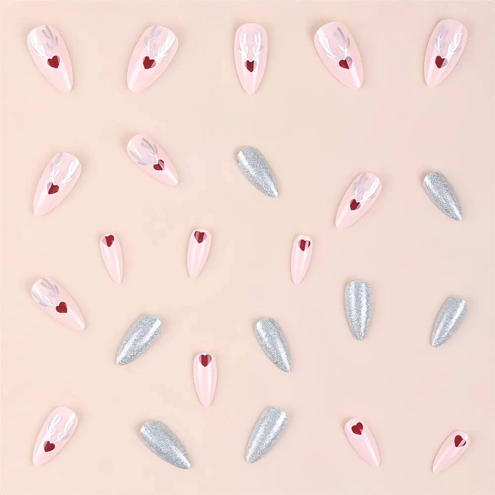 Fofosbeauty 24pcs Press on Nails, Fake Nails, Full Cover Acrylic Nails for Girls Women Kids, Almond Christmas Love Heart Elk Pink Silver