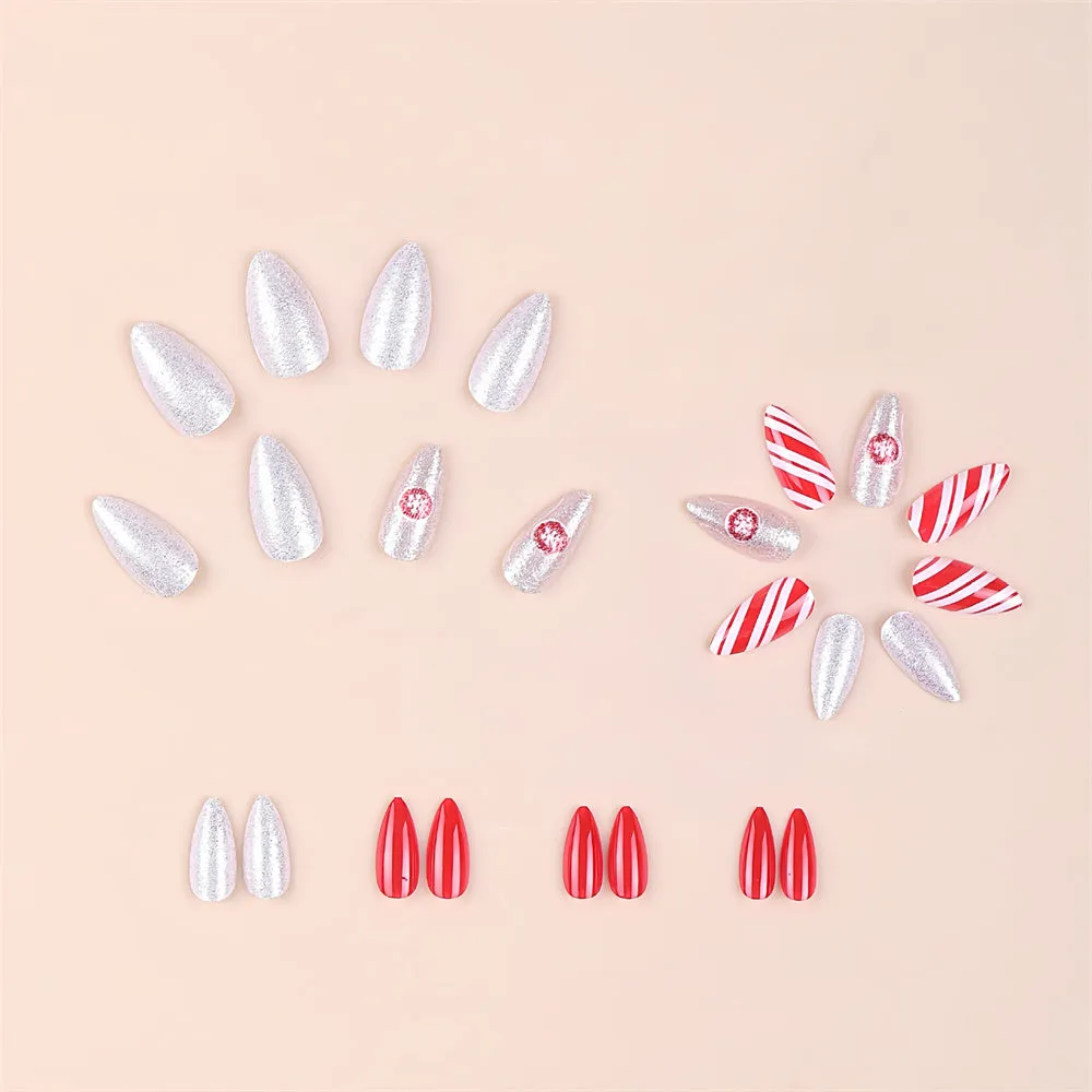 Fofosbeauty 24pcs Press on Nails, Fake Nails, Full Cover Acrylic Nails for Girls Women Kids, Almond Christmas Red Stripes Silver Glitter