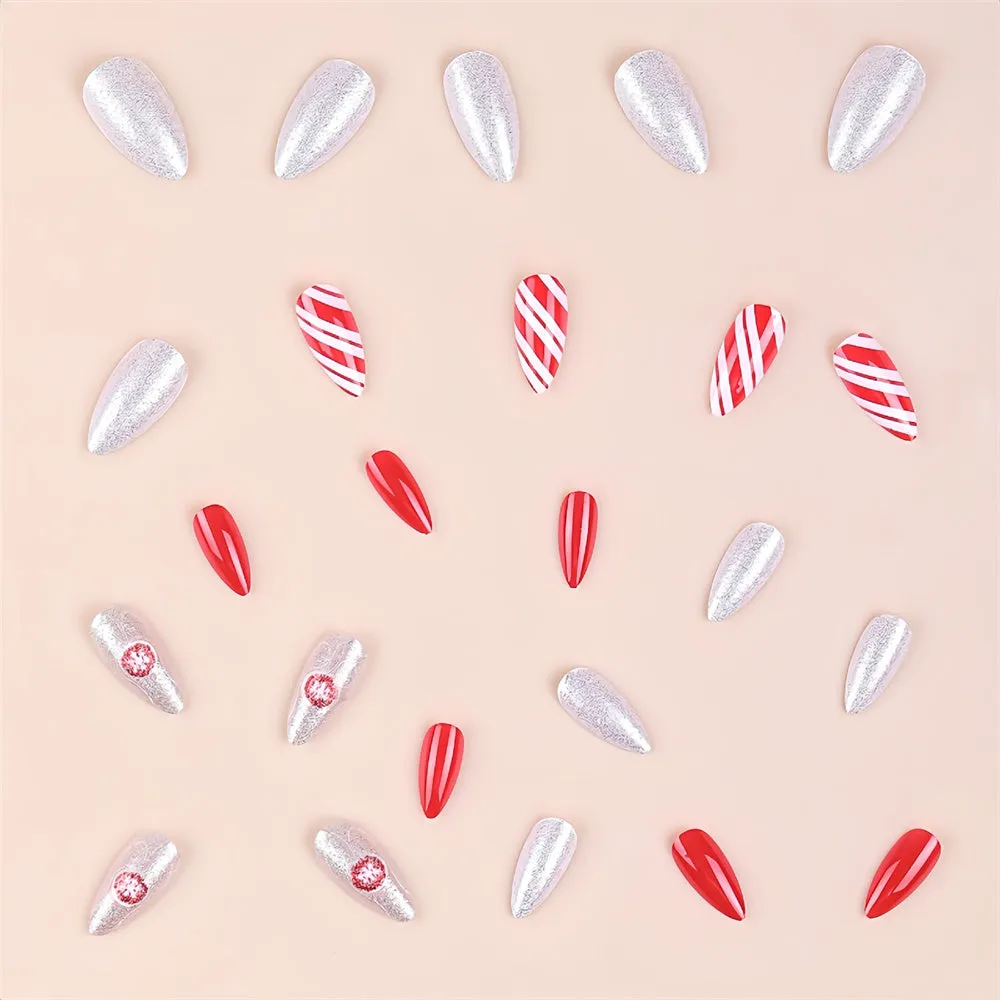 Fofosbeauty 24pcs Press on Nails, Fake Nails, Full Cover Acrylic Nails for Girls Women Kids, Almond Christmas Red Stripes Silver Glitter