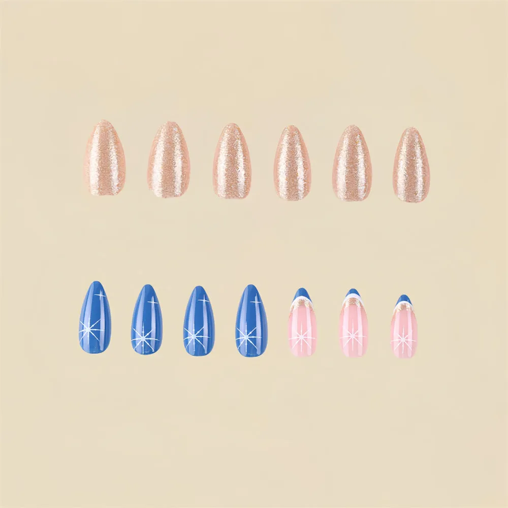 Fofosbeauty 24pcs Press on Nails, Fake Nails, Full Cover Acrylic Nails for Girls Women Kids, Almond Christmas Snowflakes Blue Silver