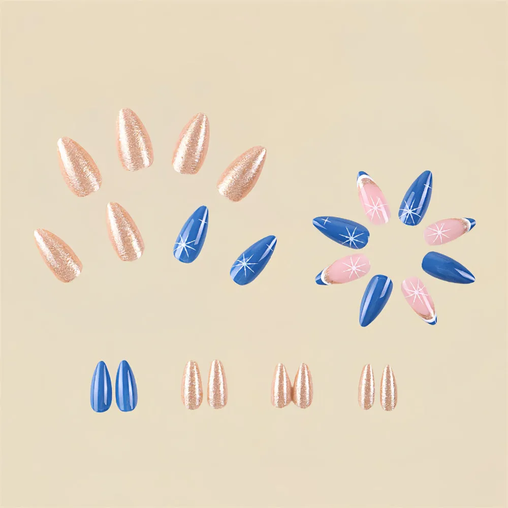 Fofosbeauty 24pcs Press on Nails, Fake Nails, Full Cover Acrylic Nails for Girls Women Kids, Almond Christmas Snowflakes Blue Silver