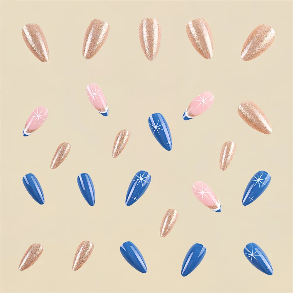 Fofosbeauty 24pcs Press on Nails, Fake Nails, Full Cover Acrylic Nails for Girls Women Kids, Almond Christmas Snowflakes Blue Silver
