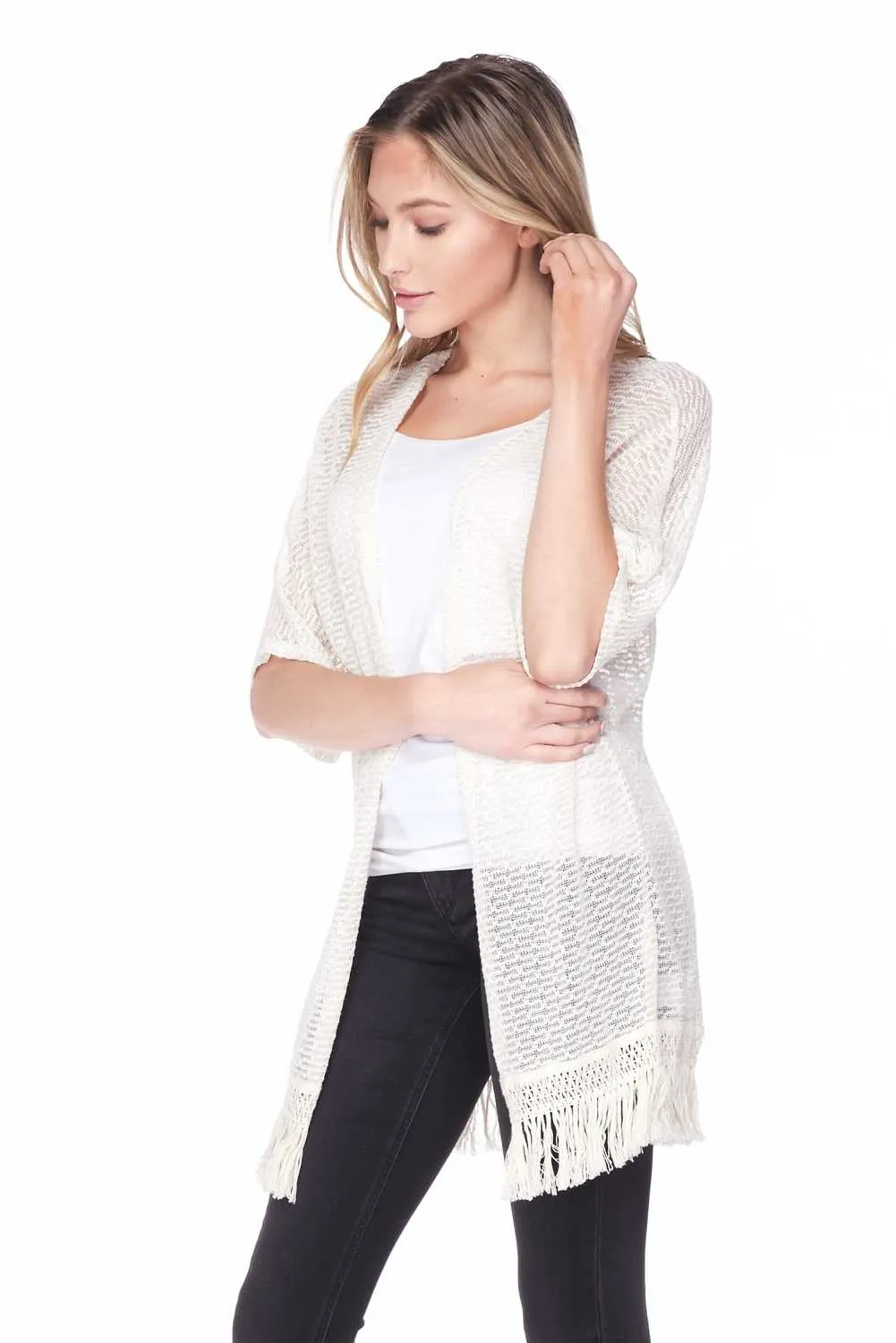 Fringed open front knit cardigan
