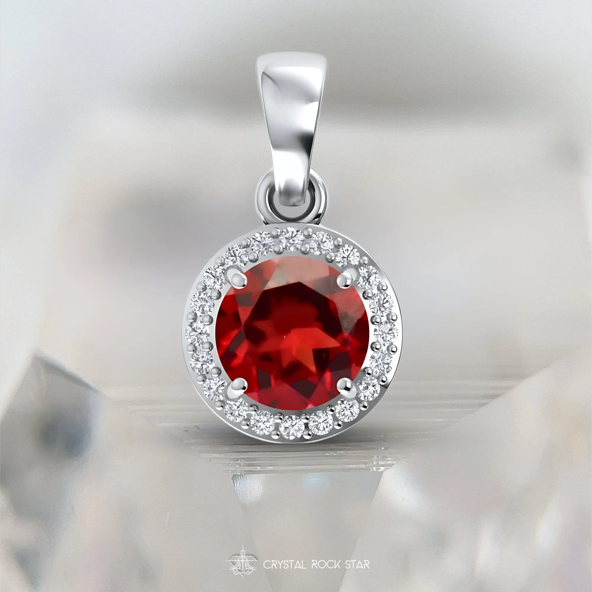 Garnet Solitaire Halo Sterling Silver Pendant