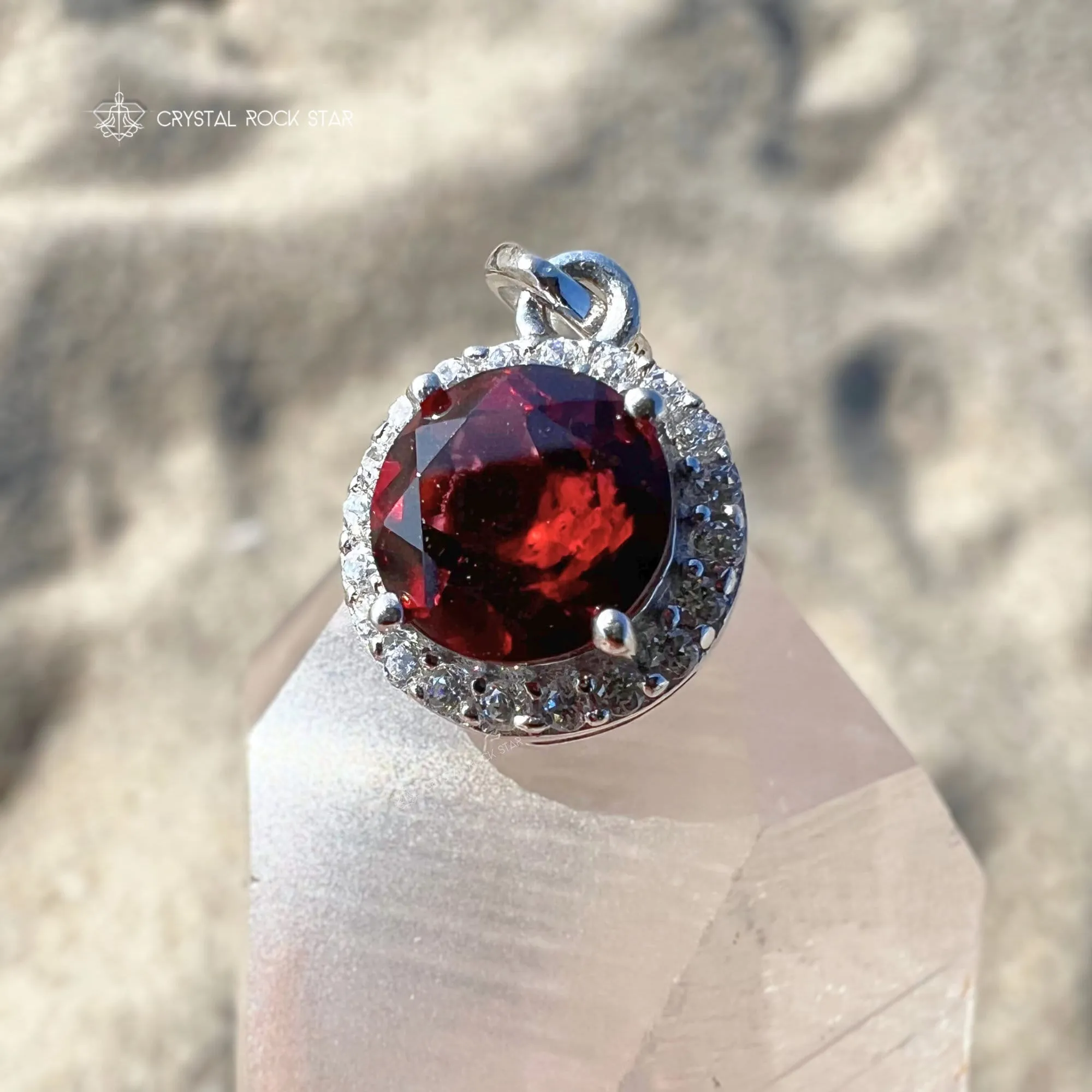 Garnet Solitaire Halo Sterling Silver Pendant