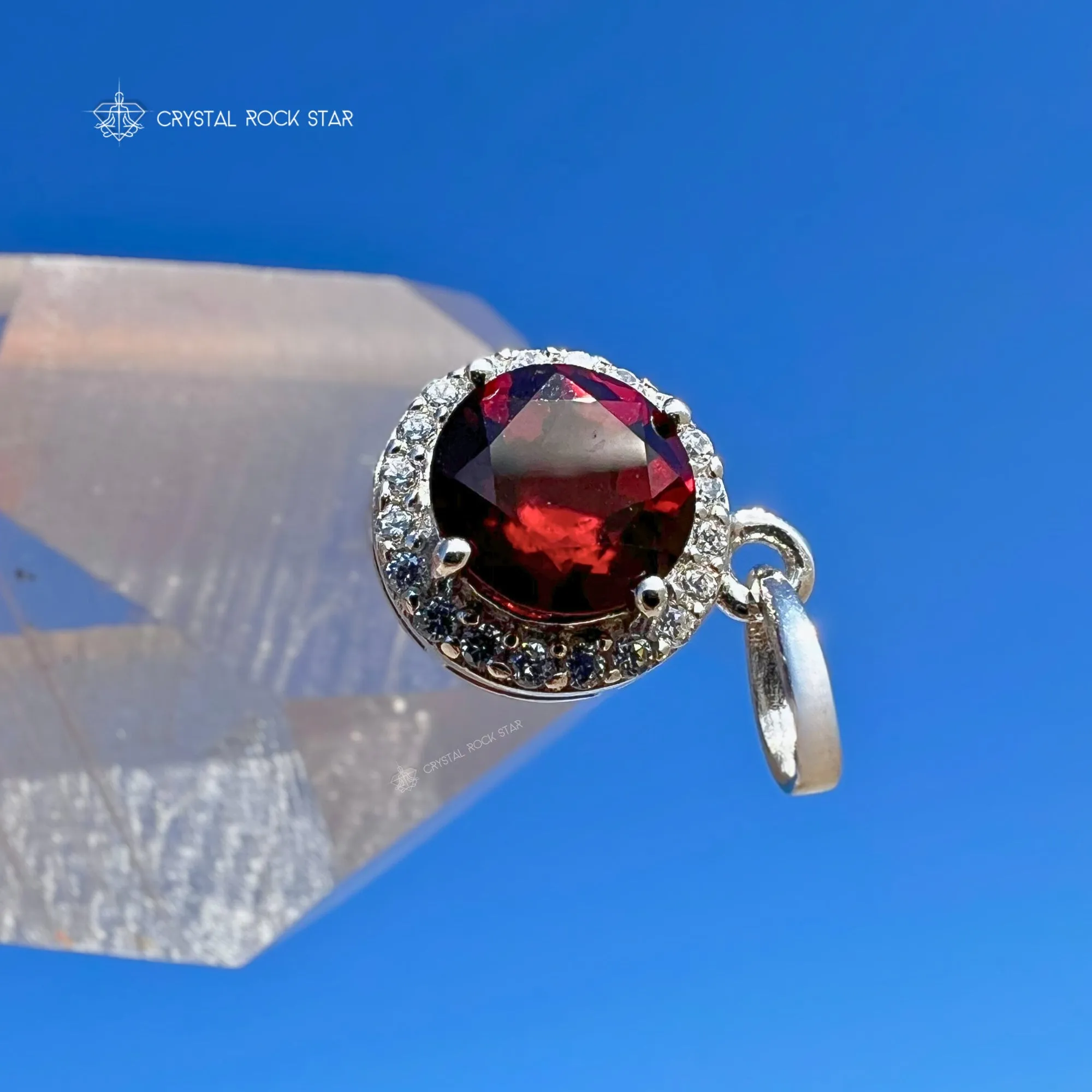 Garnet Solitaire Halo Sterling Silver Pendant