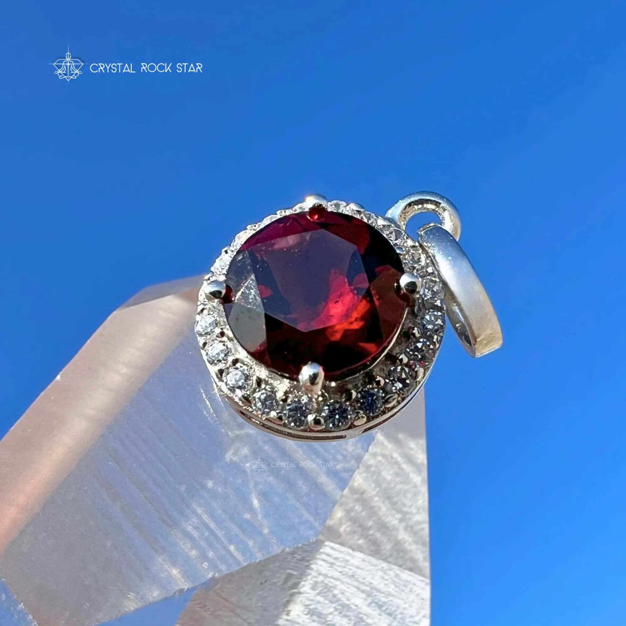Garnet Solitaire Halo Sterling Silver Pendant