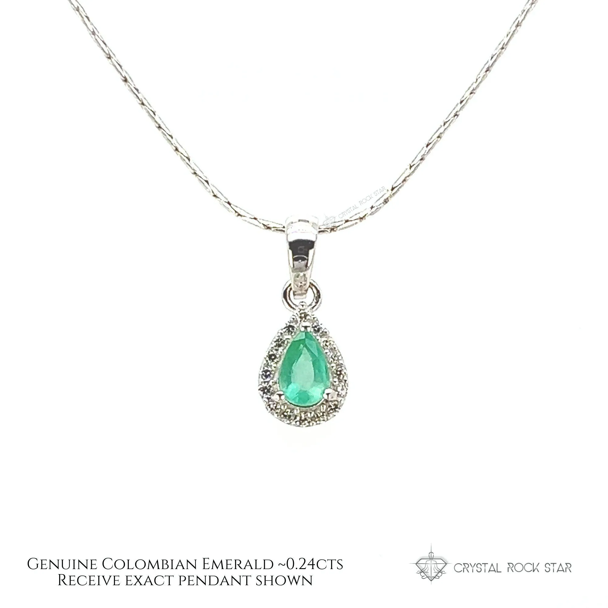 Genuine Emerald Pear Pendant Silver Necklace