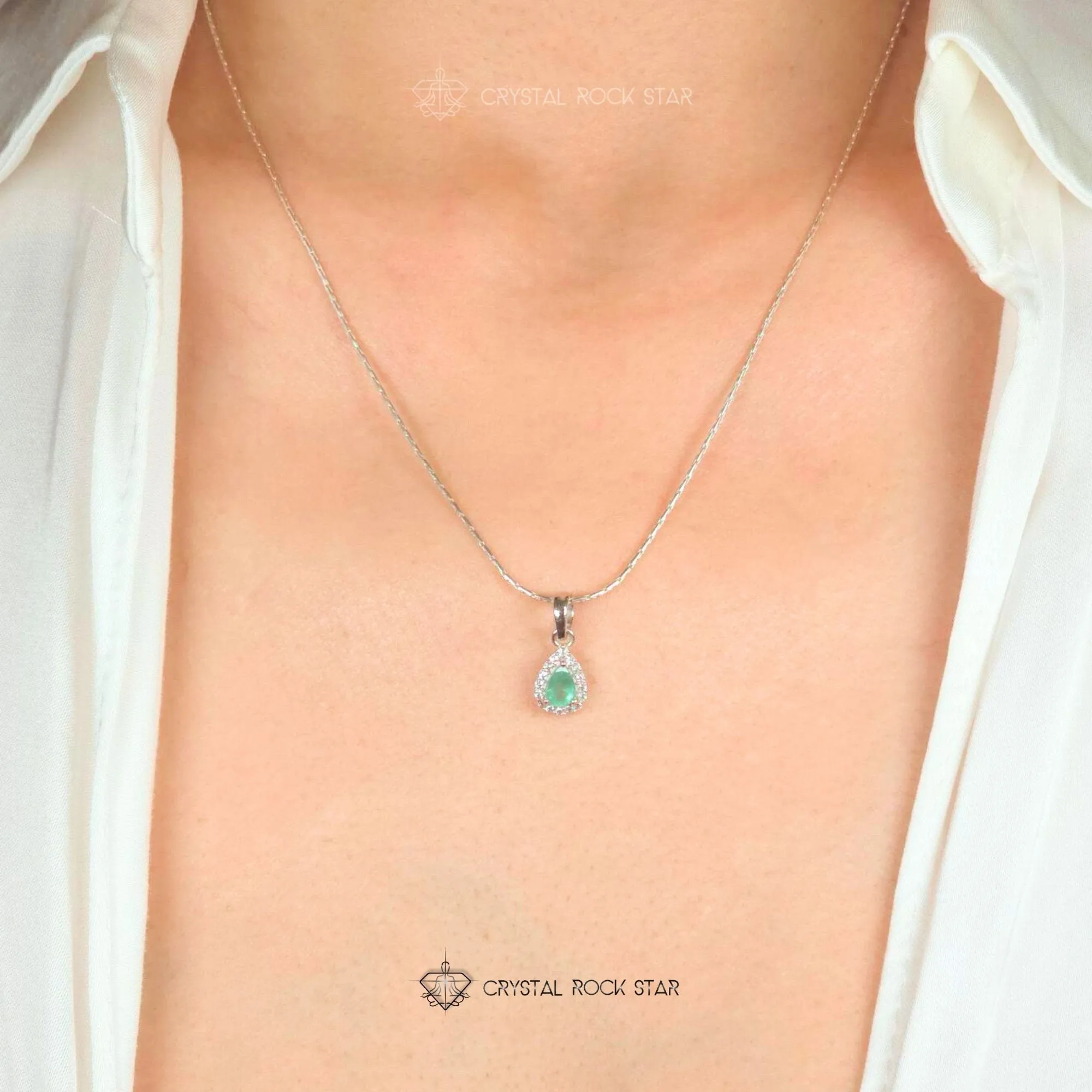 Genuine Emerald Pear Pendant Silver Necklace