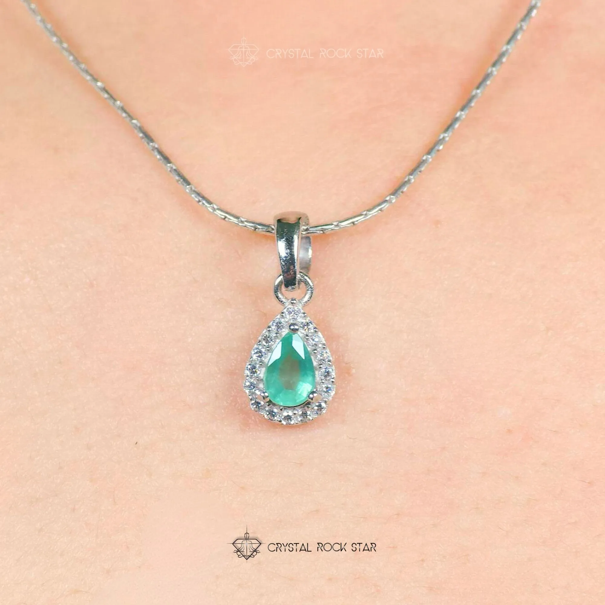 Genuine Emerald Pear Pendant Silver Necklace