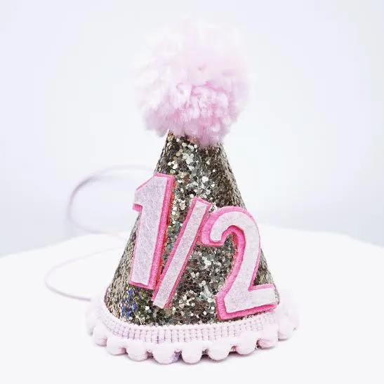 Gold Glitter Sparkles Pink 1/2 Birthday Girl Cone Party Hat Toddler Birthday 6 months Decor