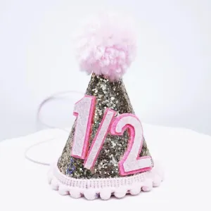 Gold Glitter Sparkles Pink 1/2 Birthday Girl Cone Party Hat Toddler Birthday 6 months Decor