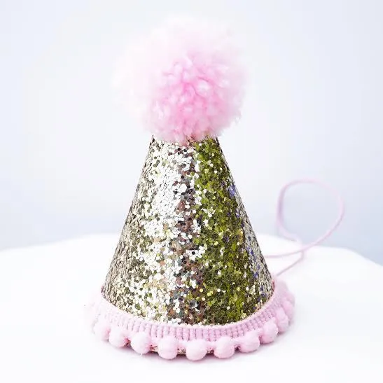 Gold Glitter Sparkles Pink 1st Birthday Girl Cone Hat Party Toddler 1 Birthday Pom Poms