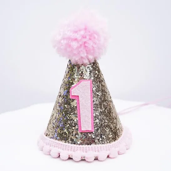 Gold Glitter Sparkles Pink 1st Birthday Girl Cone Hat Party Toddler 1 Birthday Pom Poms